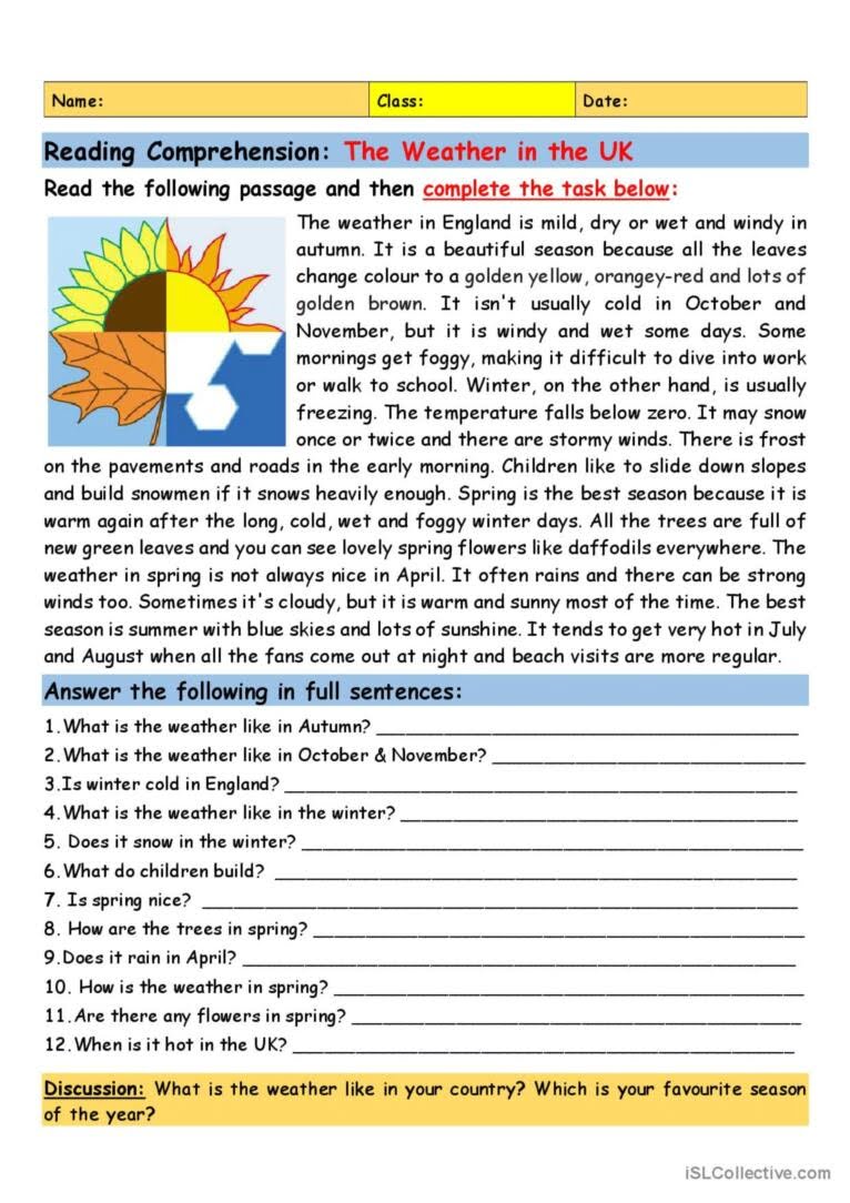 Weather Reading Comprehension Worksheets