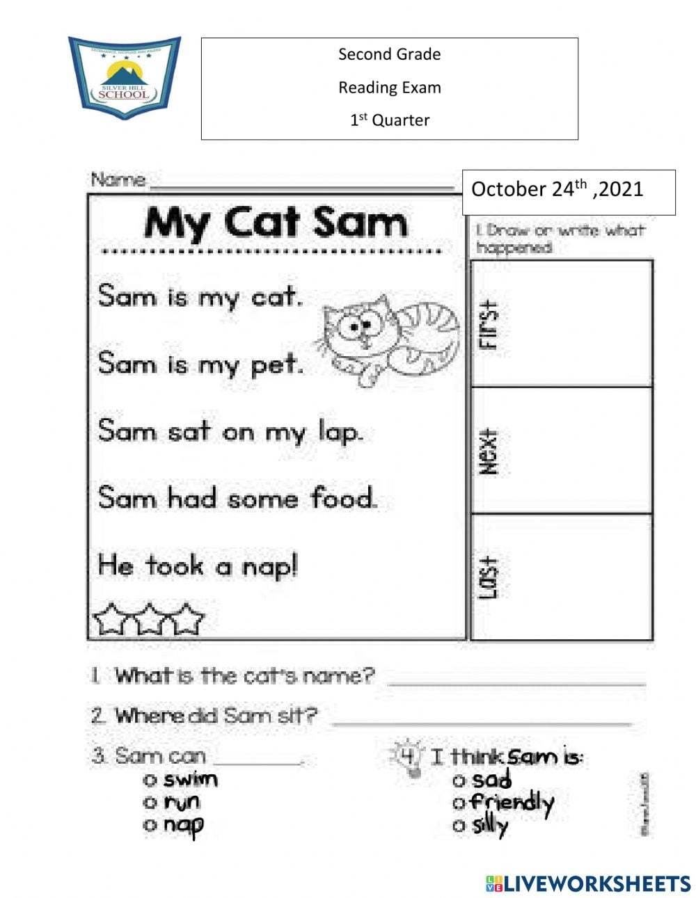 Reading Test Online Exercise For Second Grade