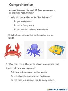 Sea Animals Comprehension Test Worksheet