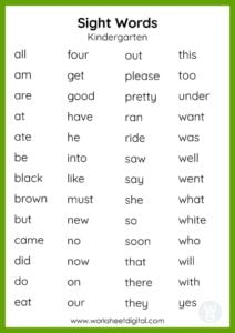 Sight Words Kindergarten Worksheet Digital