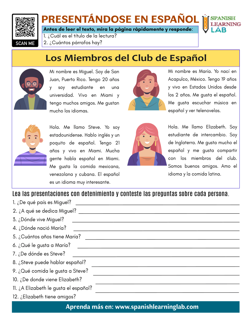 Simple Spanish Reading Comprehension Skills Worksheets