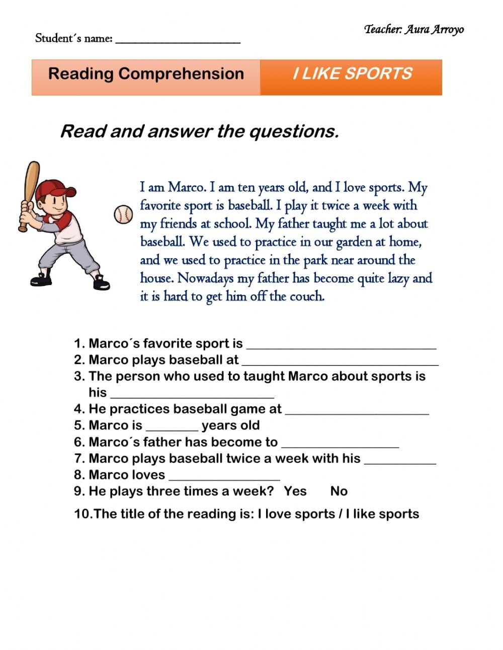 Sports Reading Comprehension Worksheets