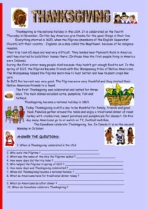 Thanksgiving Reading Comprehension Worksheet