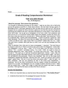The Golden Road Eighth Grade Reading Worksheets Comprehension Worksheets Reading Comprehension Worksheets Reading Comprehension