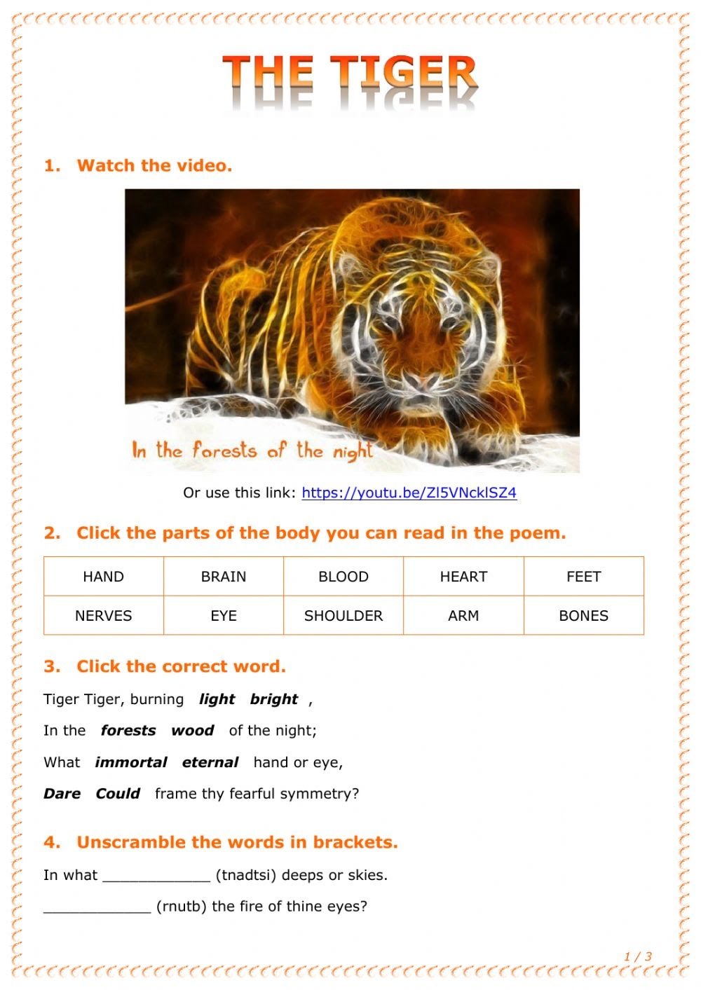 Tiger Reading Comprehension Worksheets