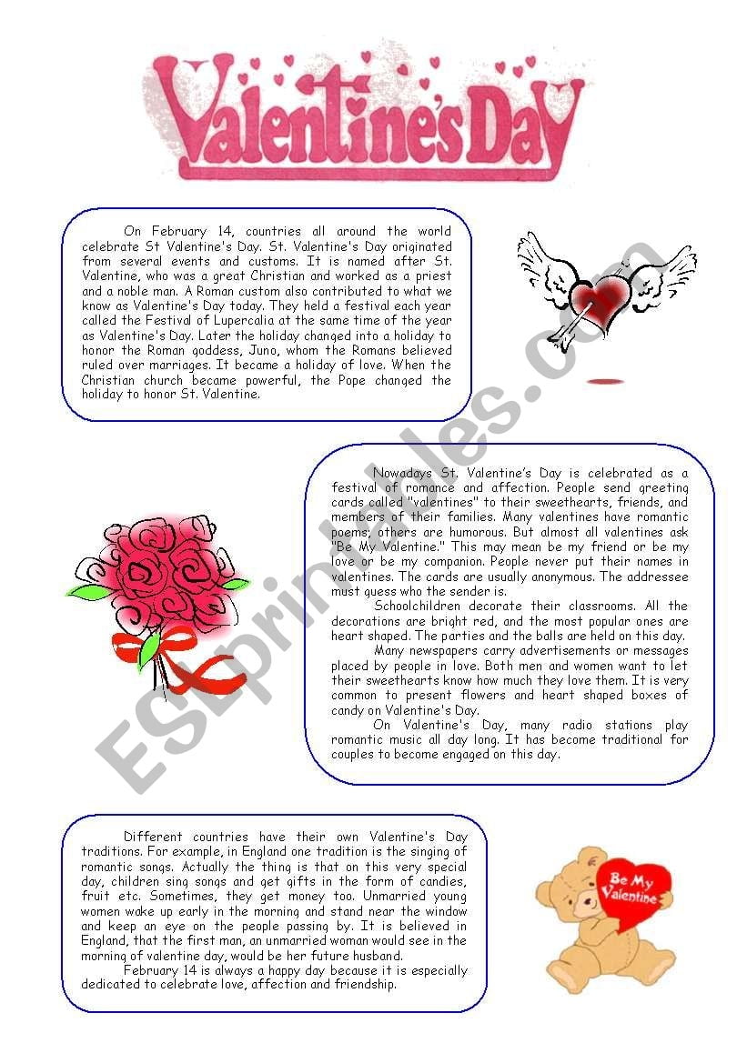 Valentine s Day Reading Comprehension ESL Worksheet By Natalis