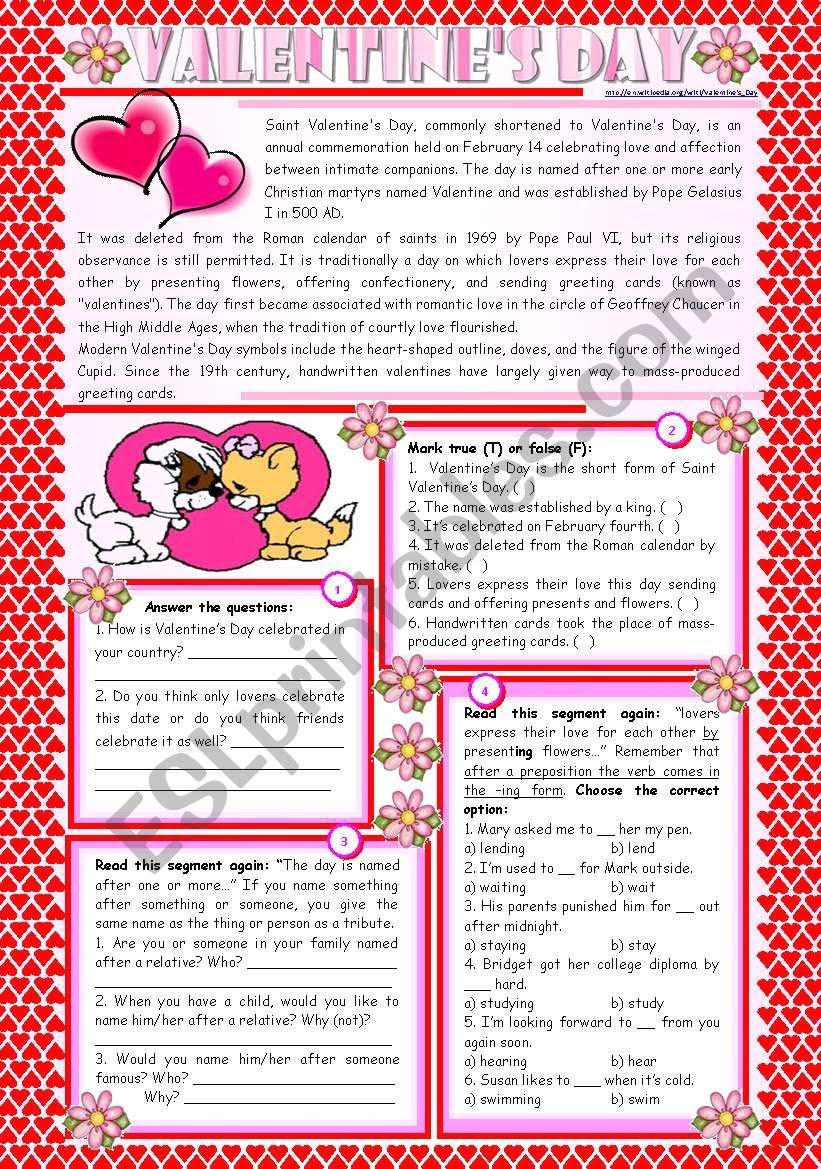 Valentine Day Reading Comprehension Worksheets
