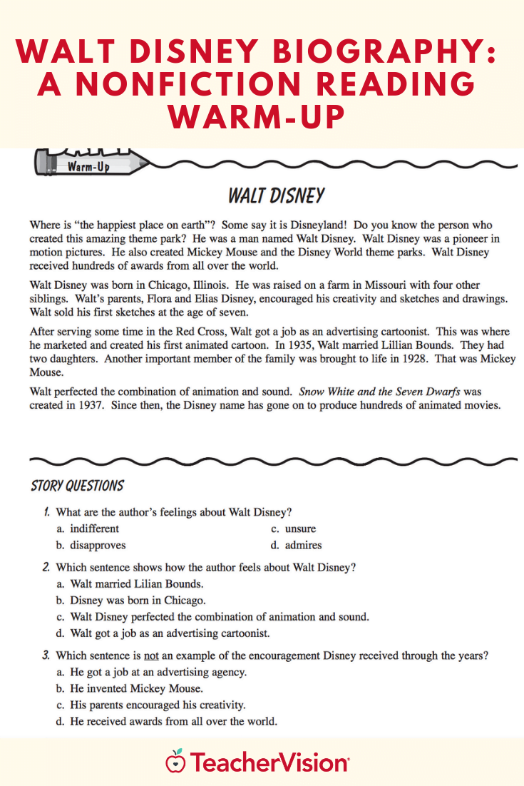 Walt Disney Biography Walt Disney Biography Nonfiction Reading Reading Comprehension Questions