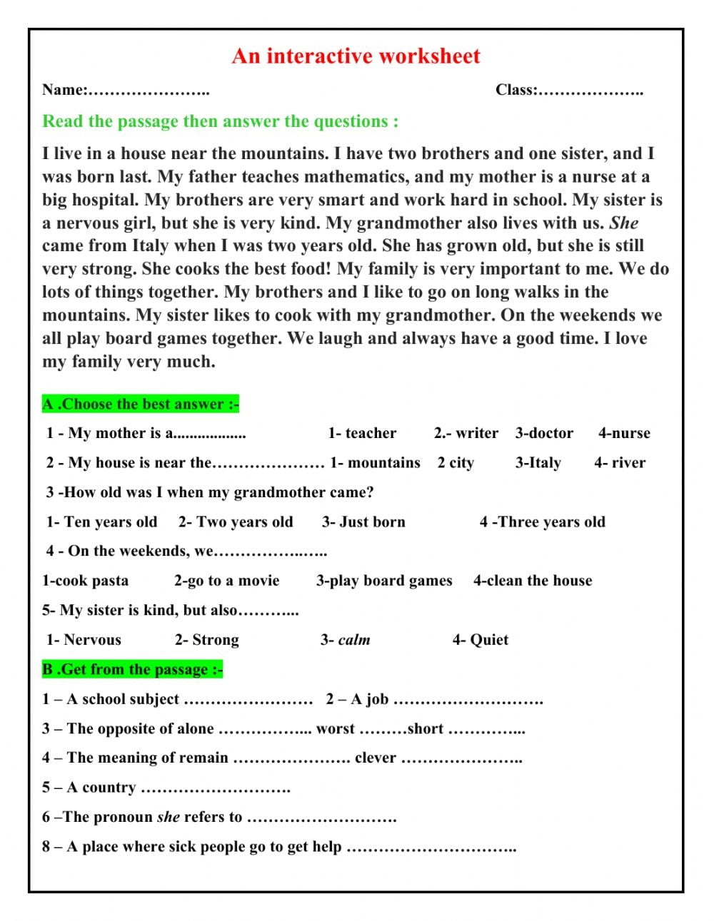 8th Reading Comprehension Worksheets