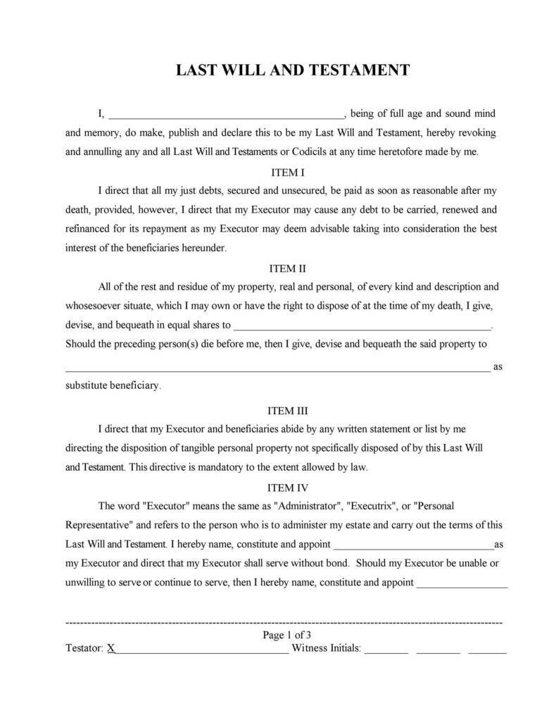 Printable Last Will And Testament Template Free