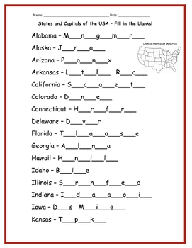 50 States And Capitals Printable Worksheet Fill In The Blanks TPT