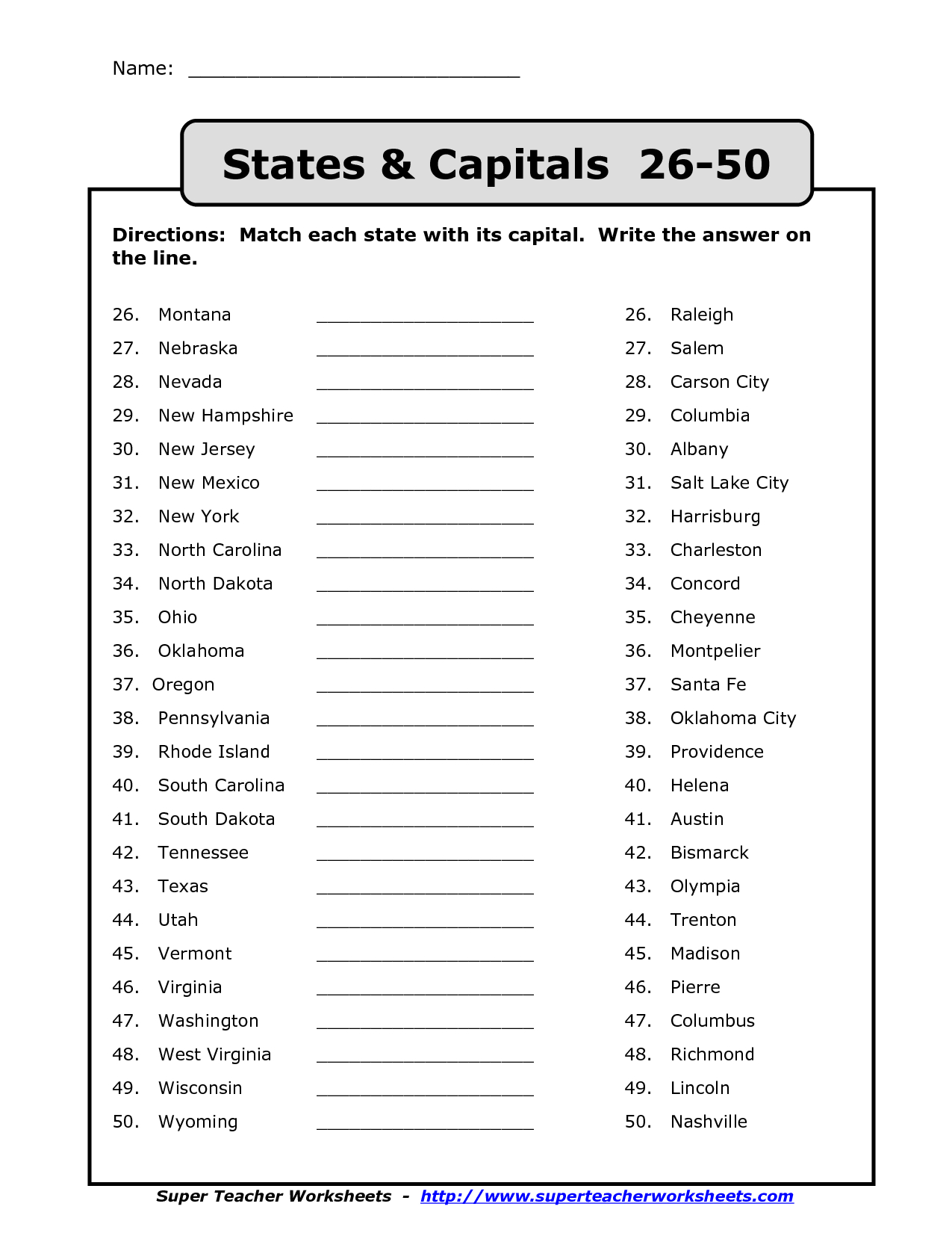 50 States And Capitals Printable Worksheets