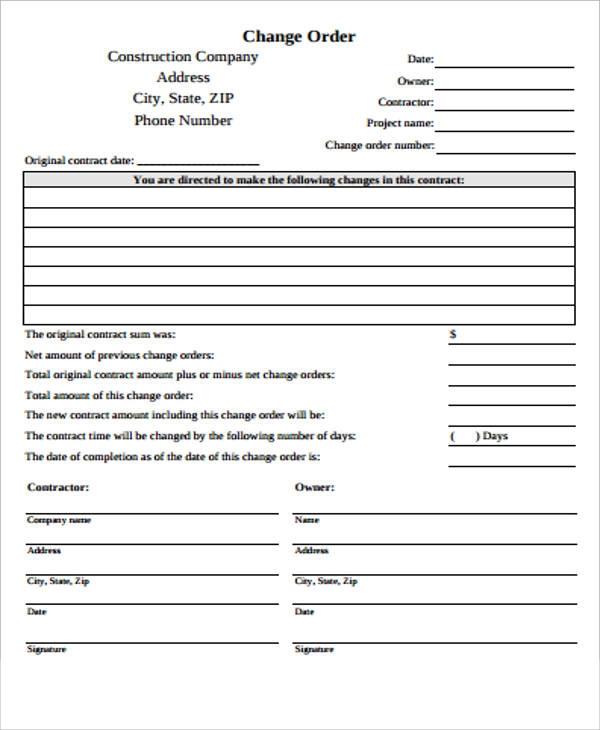 Contractor Free Printable Construction Change Order Forms Printable 
