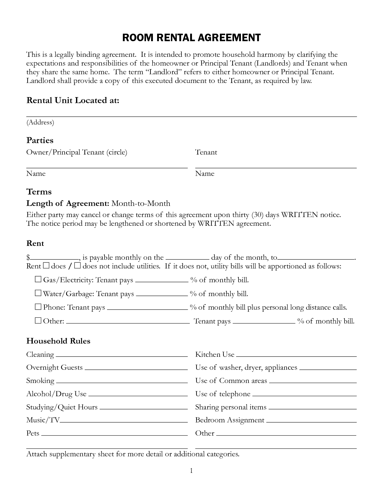 Free Printable Basic Rental Agreement Fillable