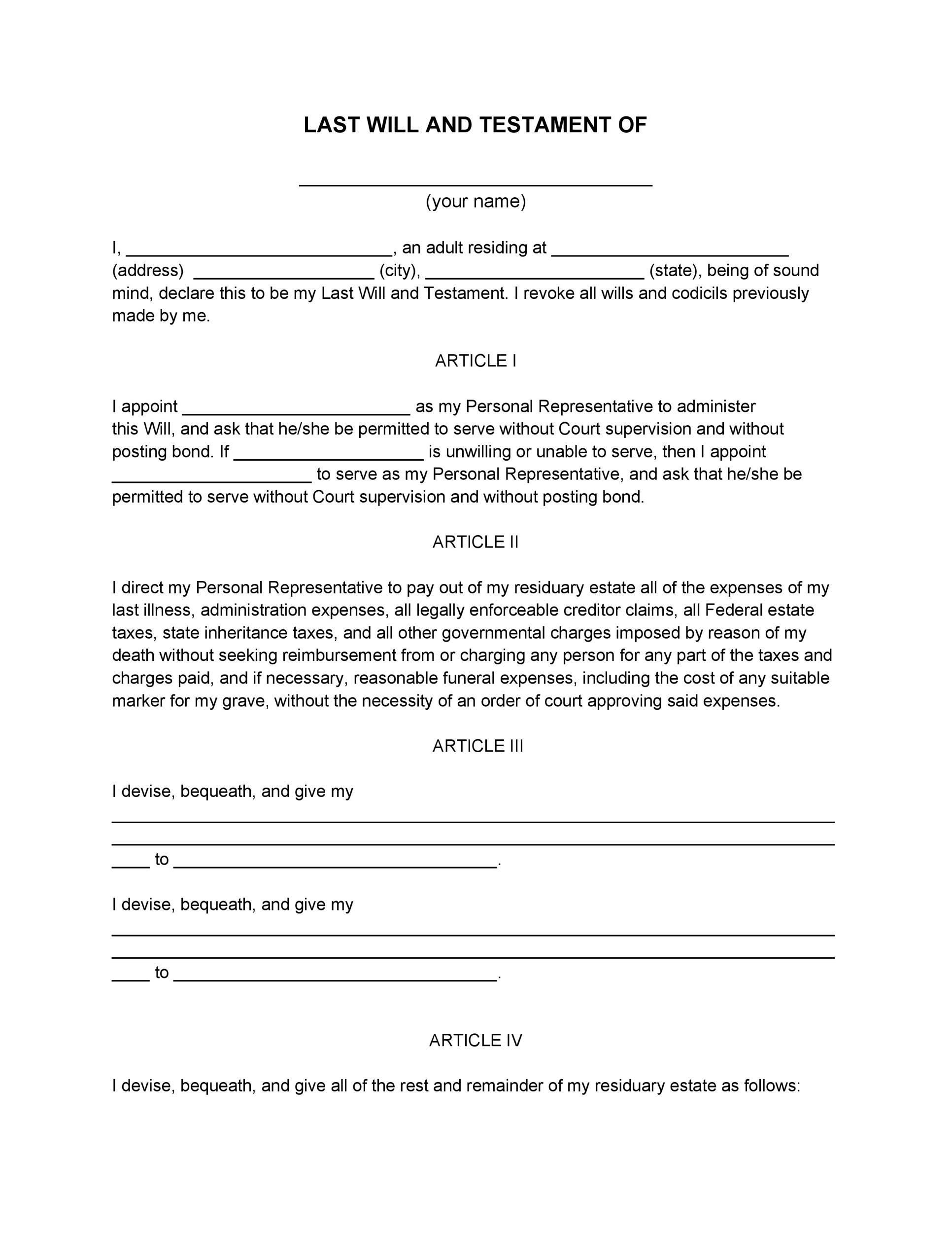 Free Last Will And Testament Printable Form