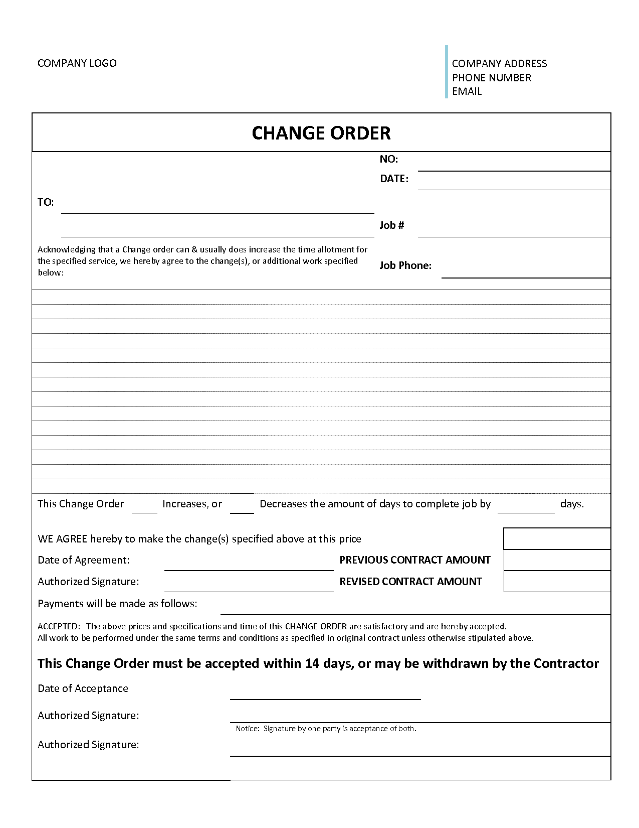 Free Printable Fillable Construction Change Order Form Printable 