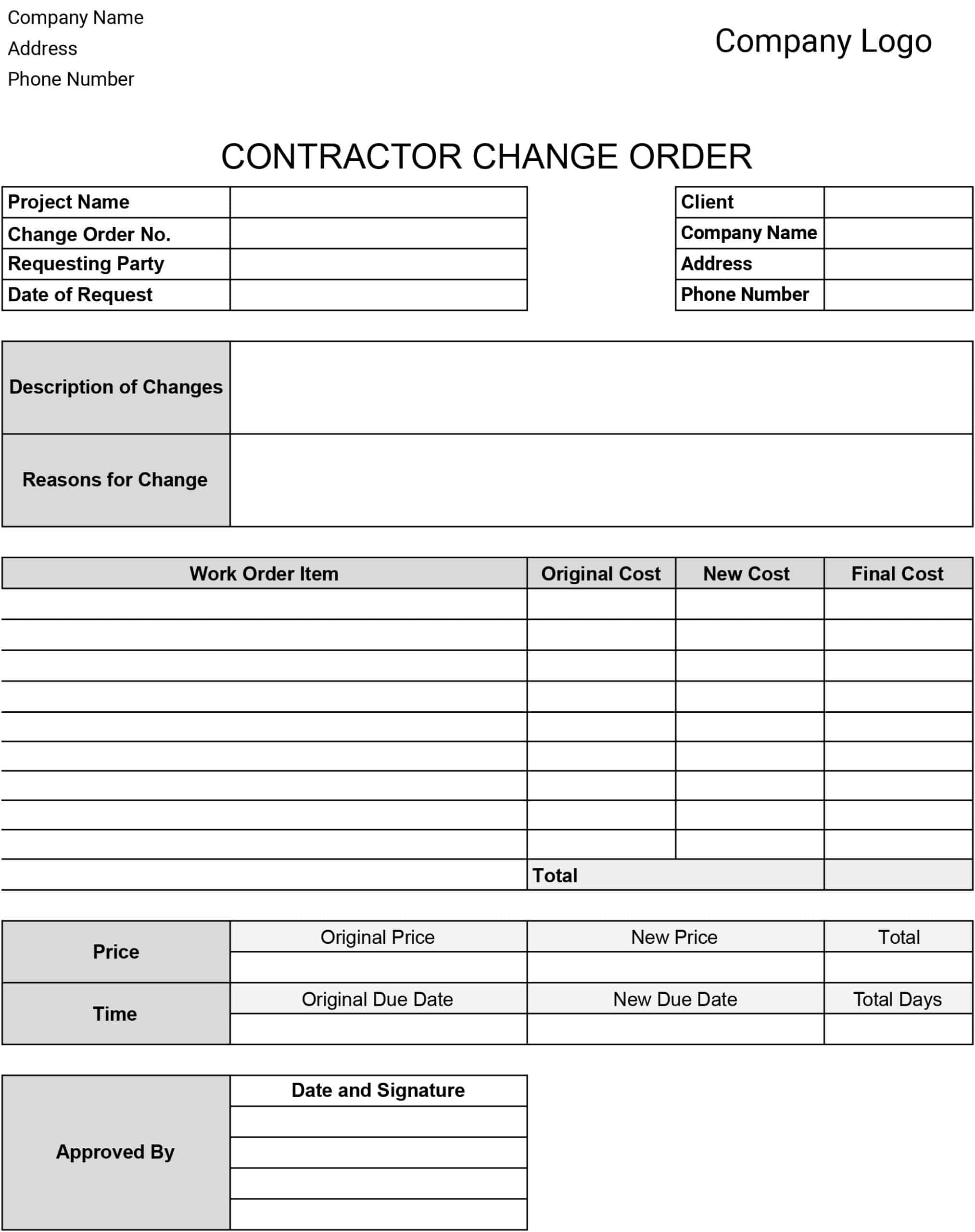 Printable Construction Change Order Form