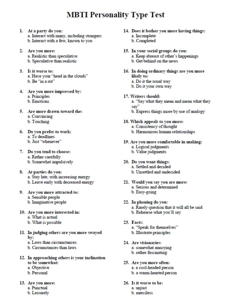 Printable Myers Briggs Personality Test World Of Label Free 
