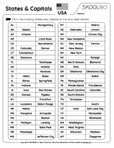 Us States And Capitals Worksheet