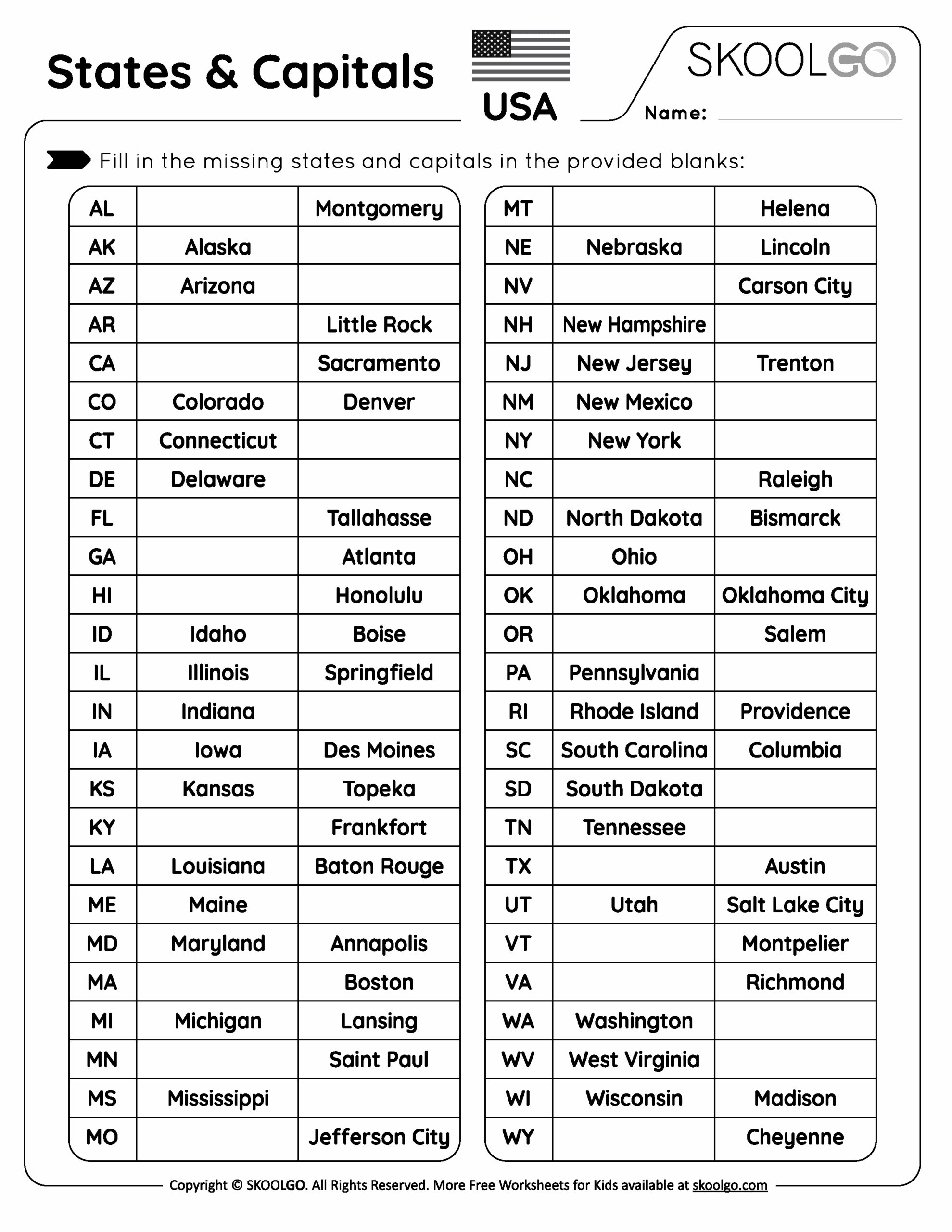 States And Capitals Free Printable Worksheets