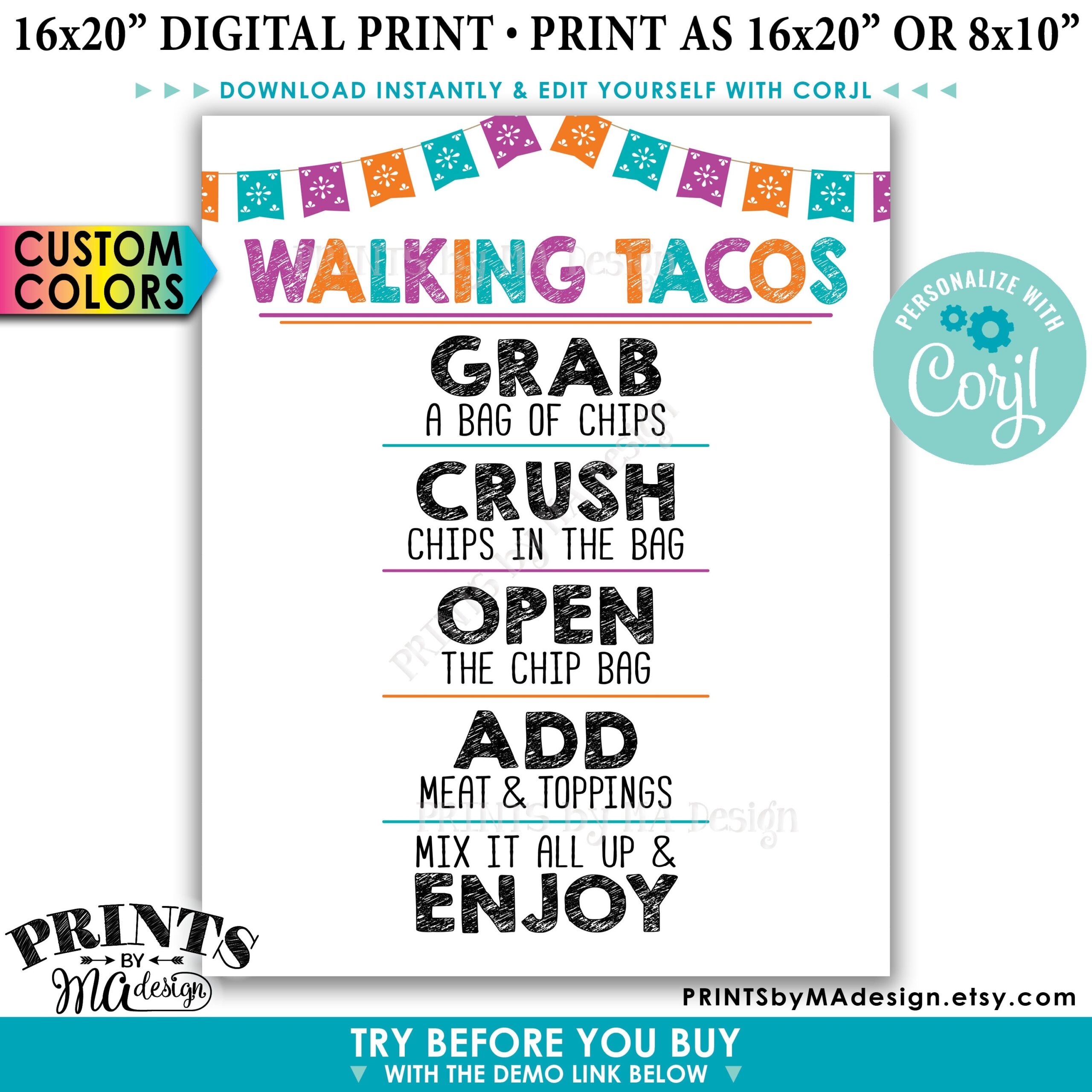 Walking Tacos Sign Cinco De Mayo Taco Bar Fiesta Custom Colors 