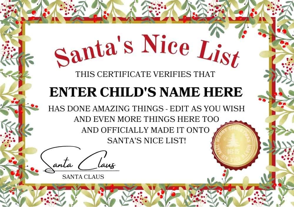 10 Free Editable Santa 39 s Nice List Certificate Printables