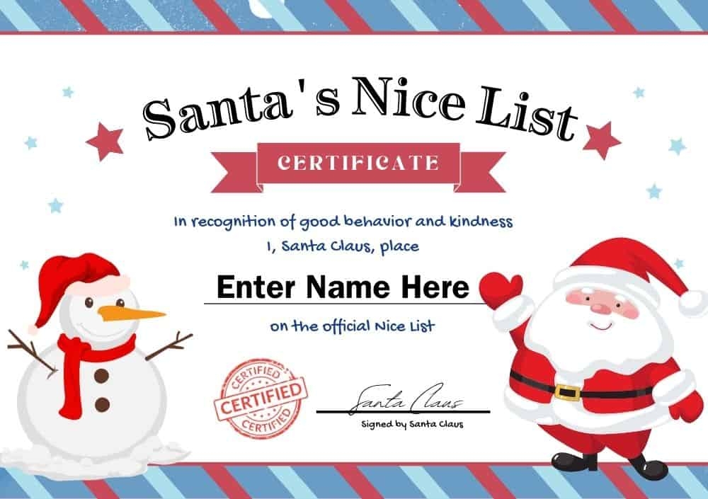 Free Printable Nice List Certificates From Santa