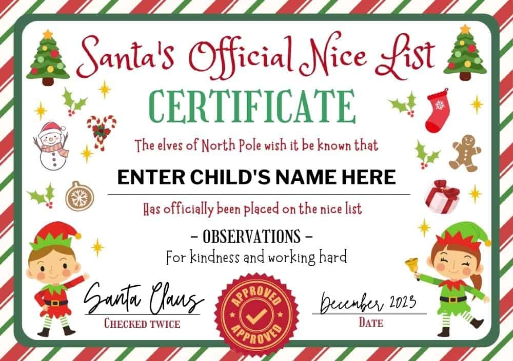 10 Free Editable Santa 39 s Nice List Certificate Printables