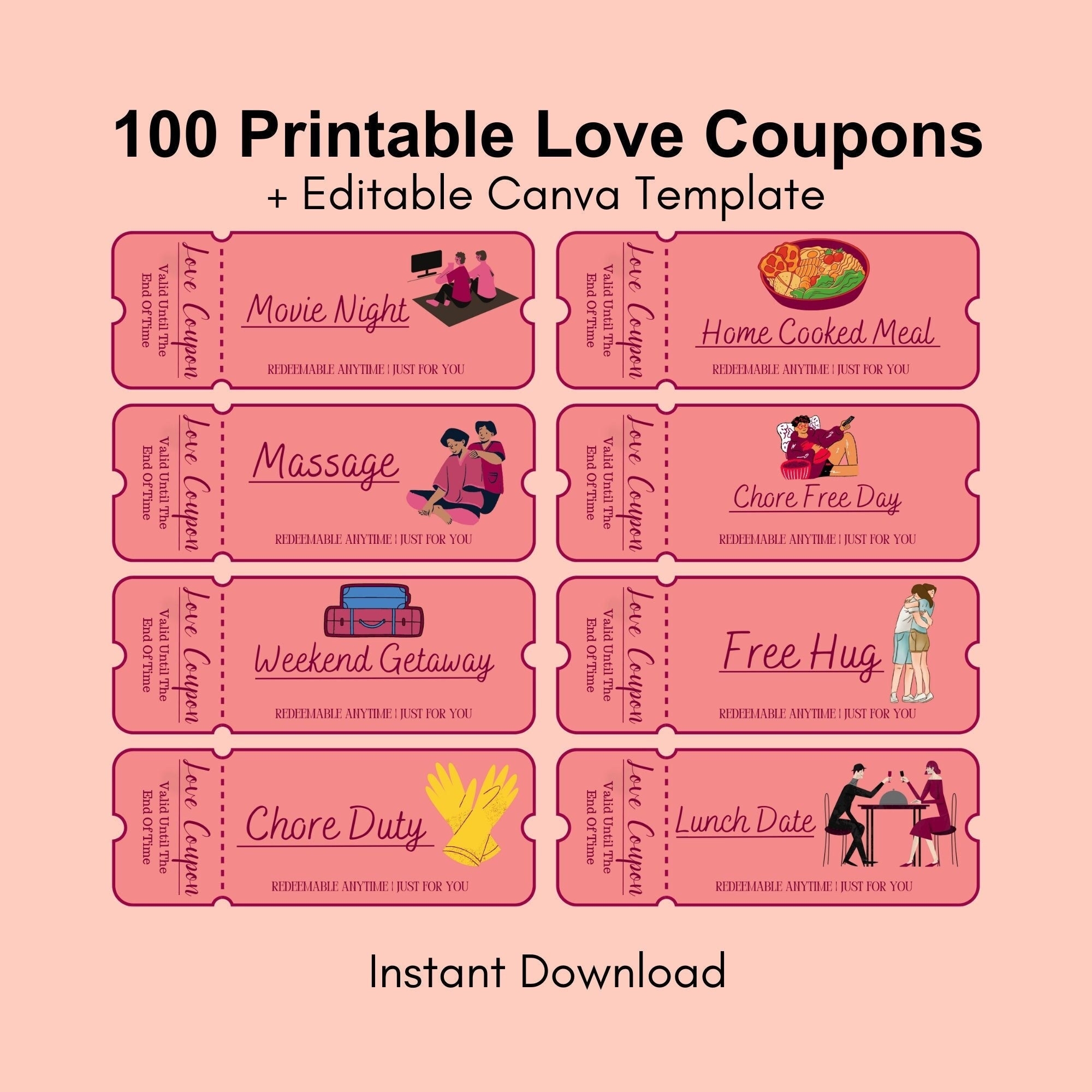100 Printable Love Coupons For Him And Her Couple Coupons Valentines 