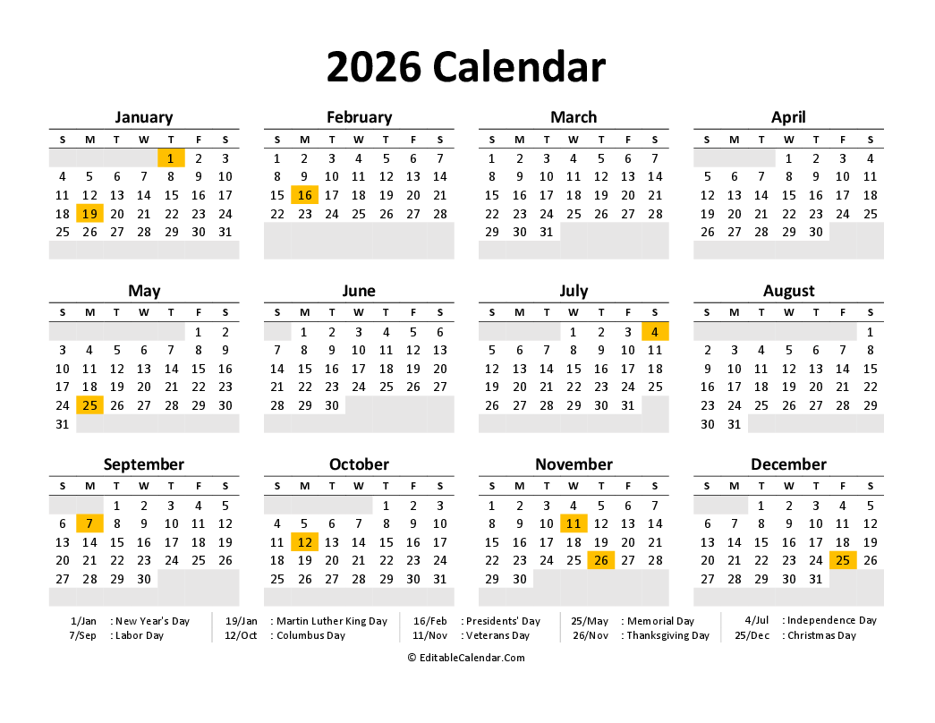 Free Printable 2026 Calendar With Holidays
