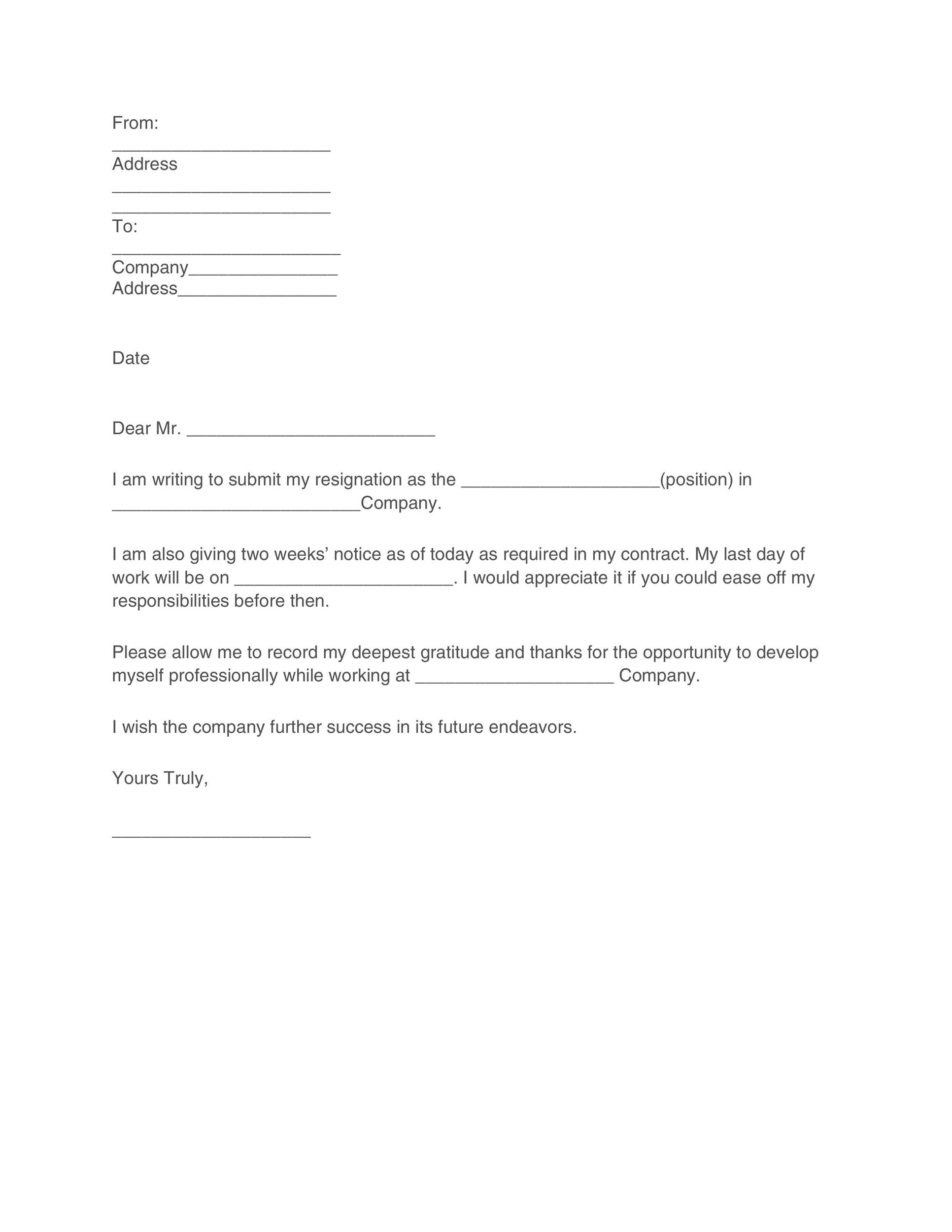 Free Printable Two Week Notice Letter