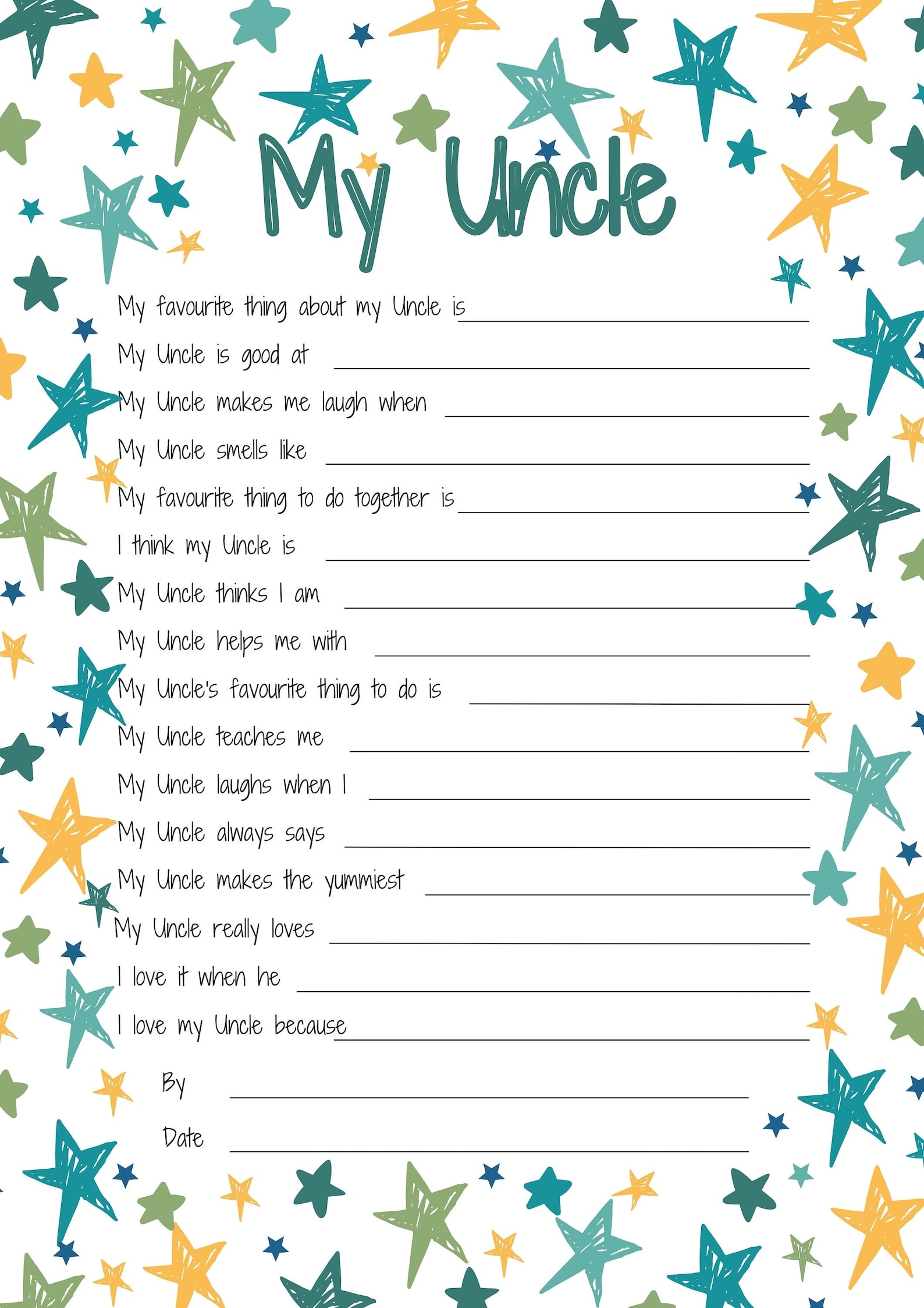 All About My Uncle Printable Fathers Day Gift Idea Reasons I Love My 