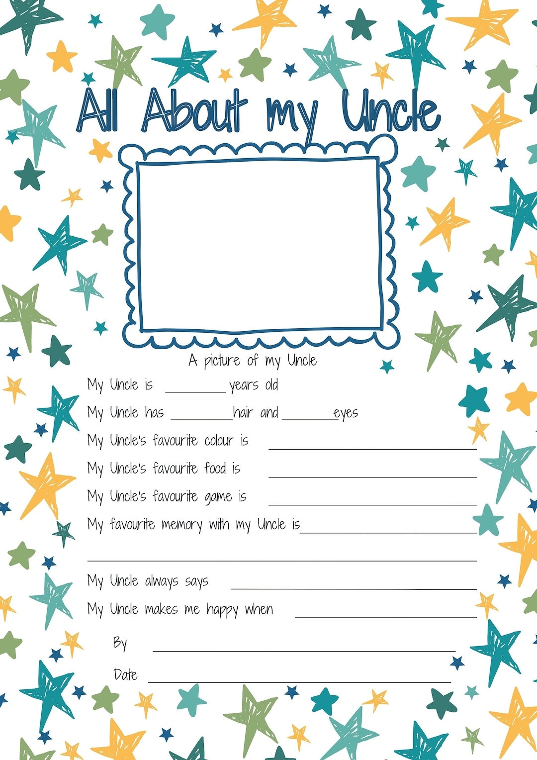 All About My Uncle Printable Fathers Day Gift Reasons I Love My Uncle 