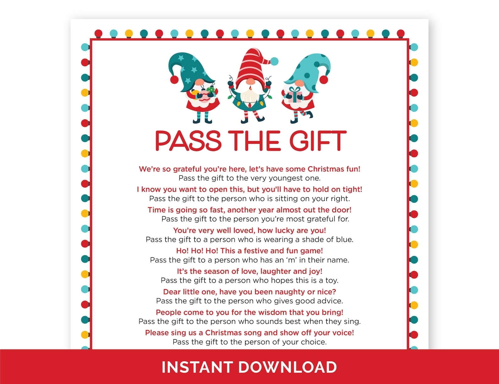 Christmas Pass The Gift Game Printable Pass The Present Holiday Party 