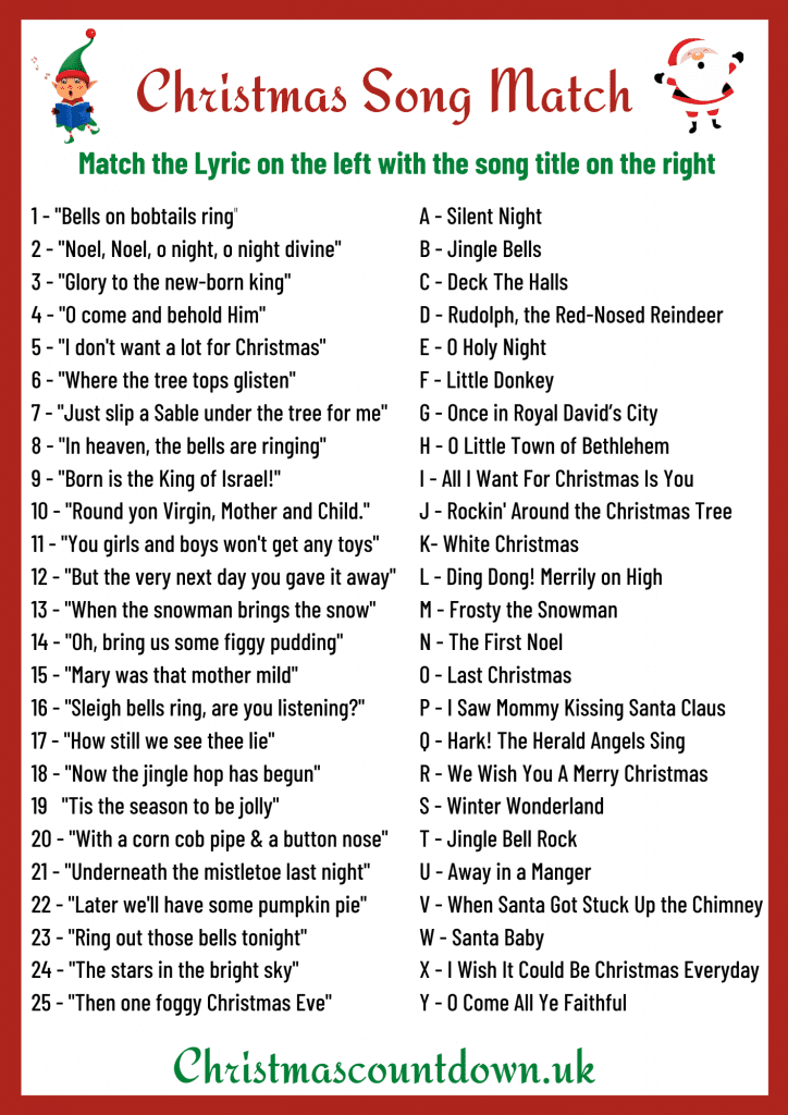 Christmas Song Matching Game Free Printable