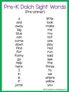 Dolch Sight Word List Pre primer By Little Learning Corner TpT