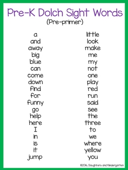 Dolch Sight Word List Pre primer By Little Learning Corner TpT