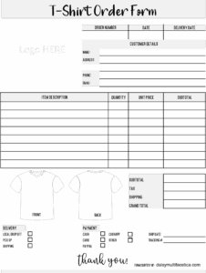 Downloadable Free T Shirt Order Form Template Pdf