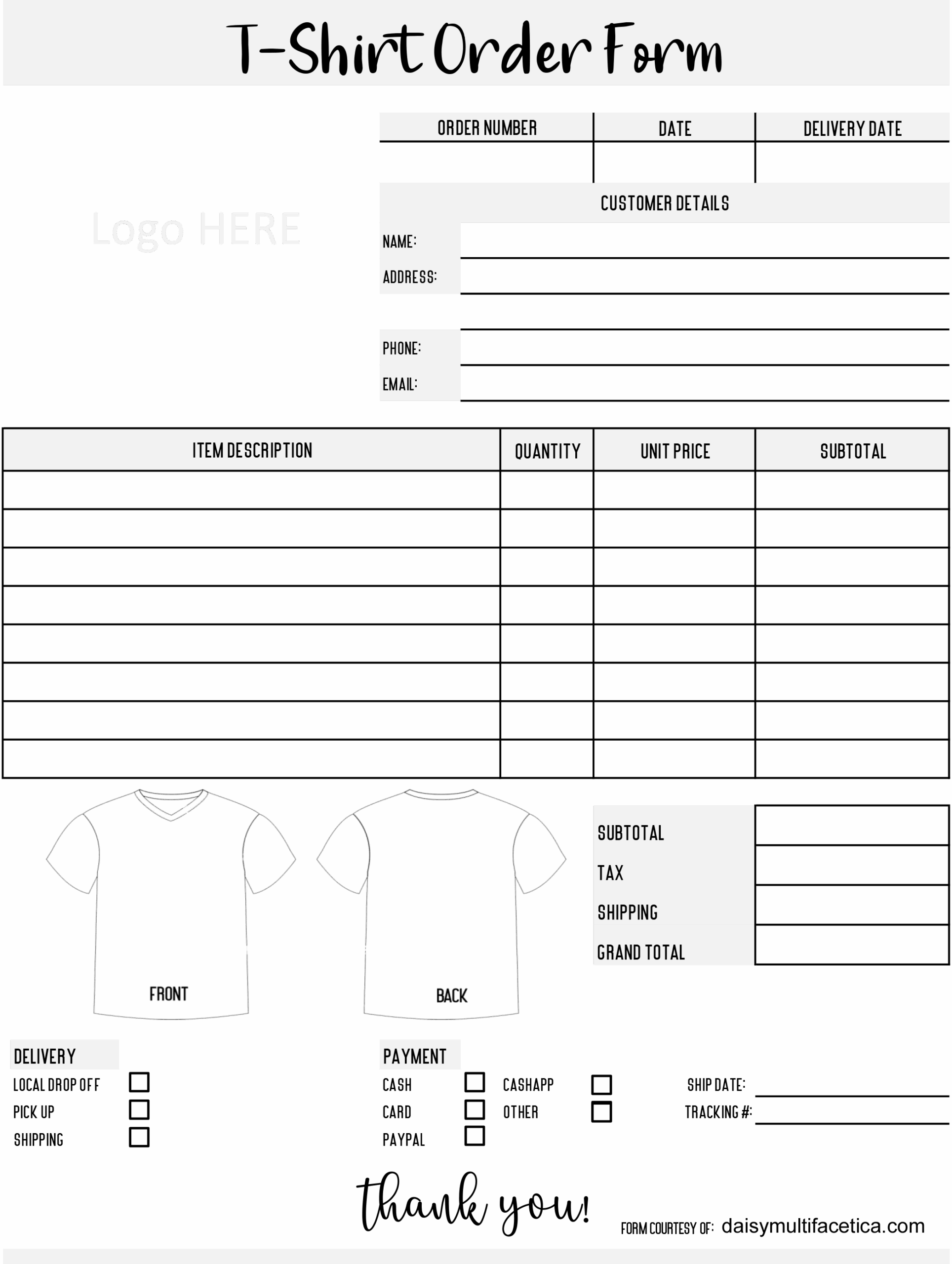 Downloadable Free T Shirt Order Form Template Pdf