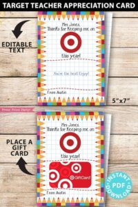 EDITABLE Target Gift Card Holder Teacher Gift Printable Template 5x7