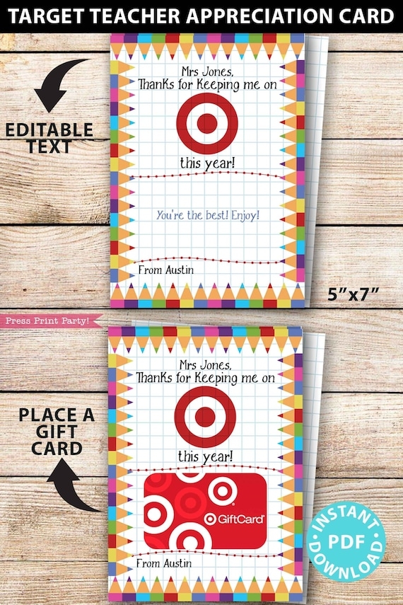 EDITABLE Target Gift Card Holder Teacher Gift Printable Template 5x7 