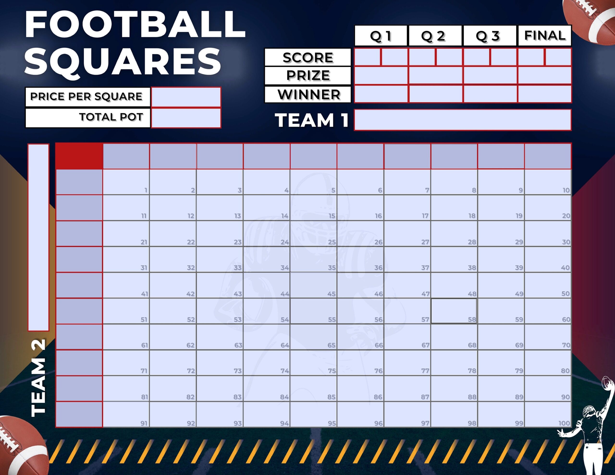Football Squares 100 Squares Editable PDF Template Printable PNG 