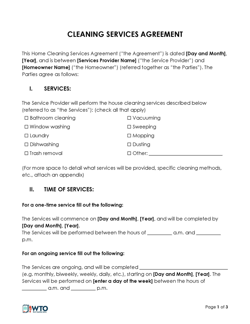 Free Cleaning Service Contract Templates Word PDF 