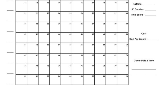 Full Page Free Printable Football Squares 100