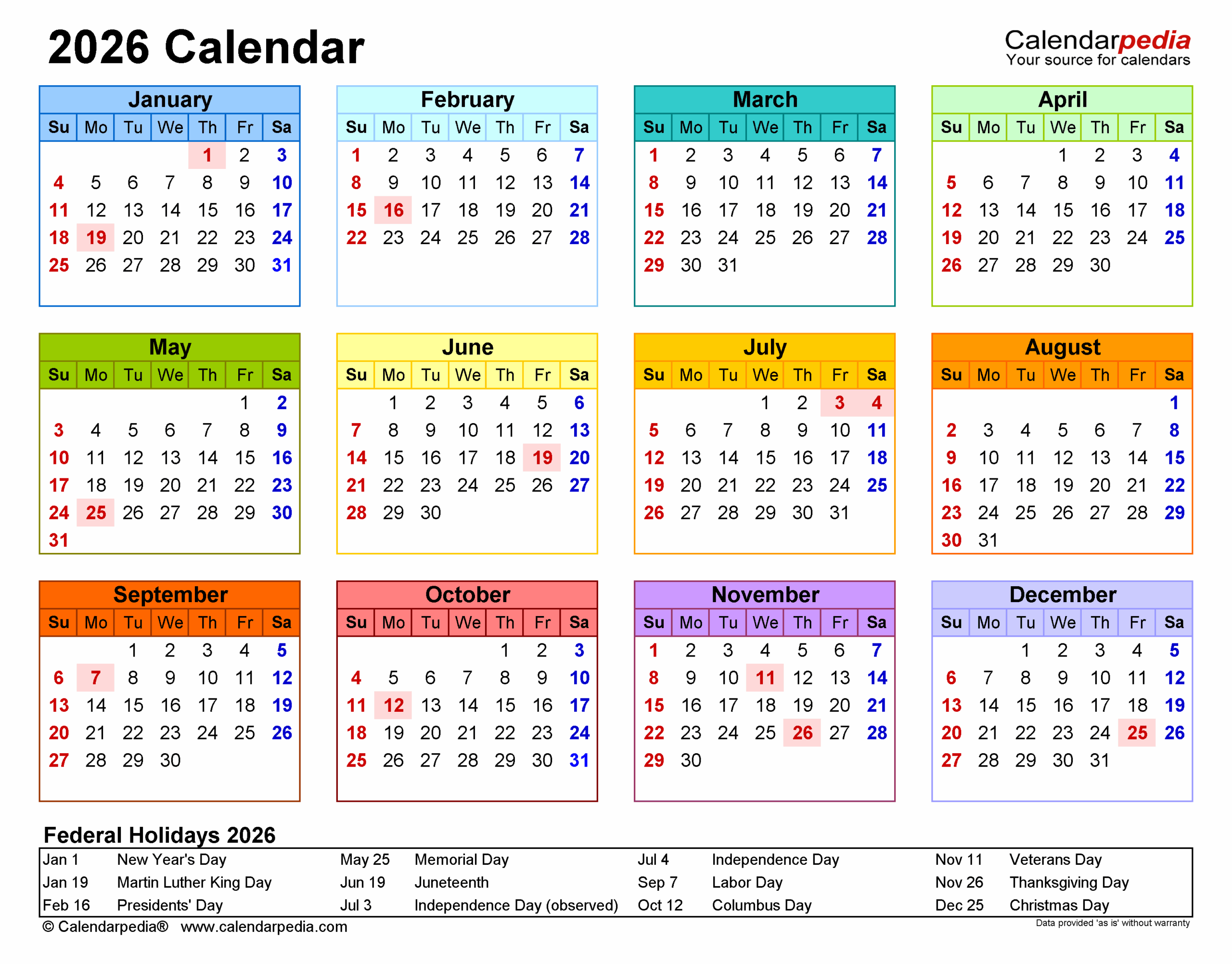 Free Printable 2026 Calendar With Holidays Us Micheal A Hedman