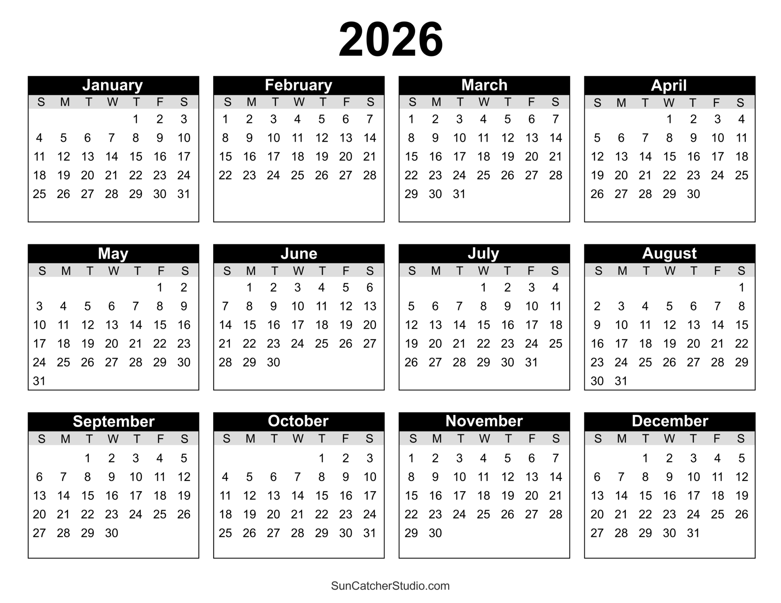 Free Printable 2026 Yearly Calendar Free Printables Monograms 