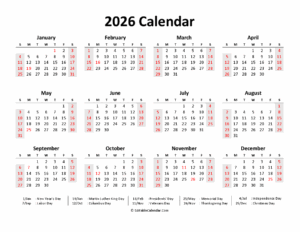 Free Printable Calendar 2026 Word PDF Excel