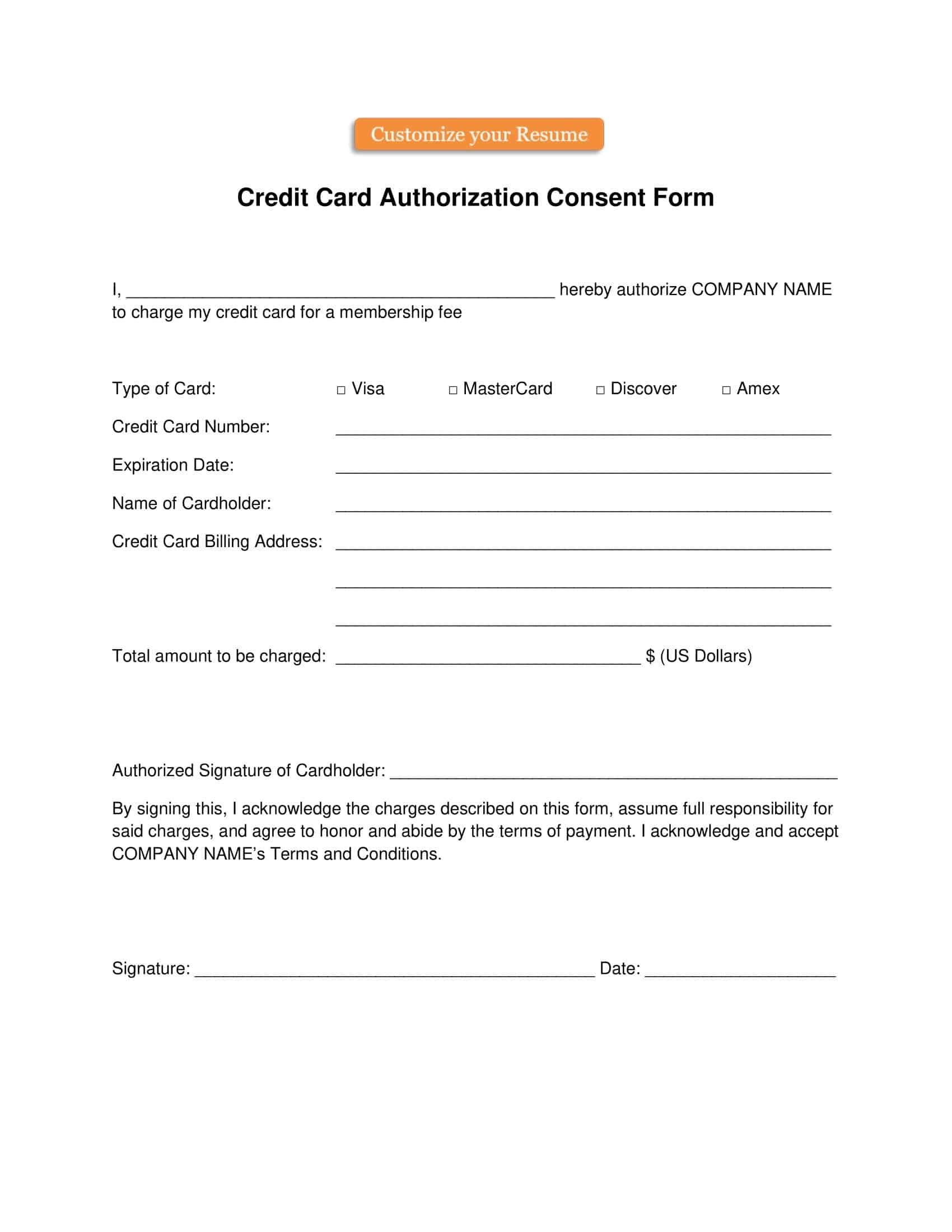 Free Printable Credit Card Authorization Form Templates PDF Word Excel 