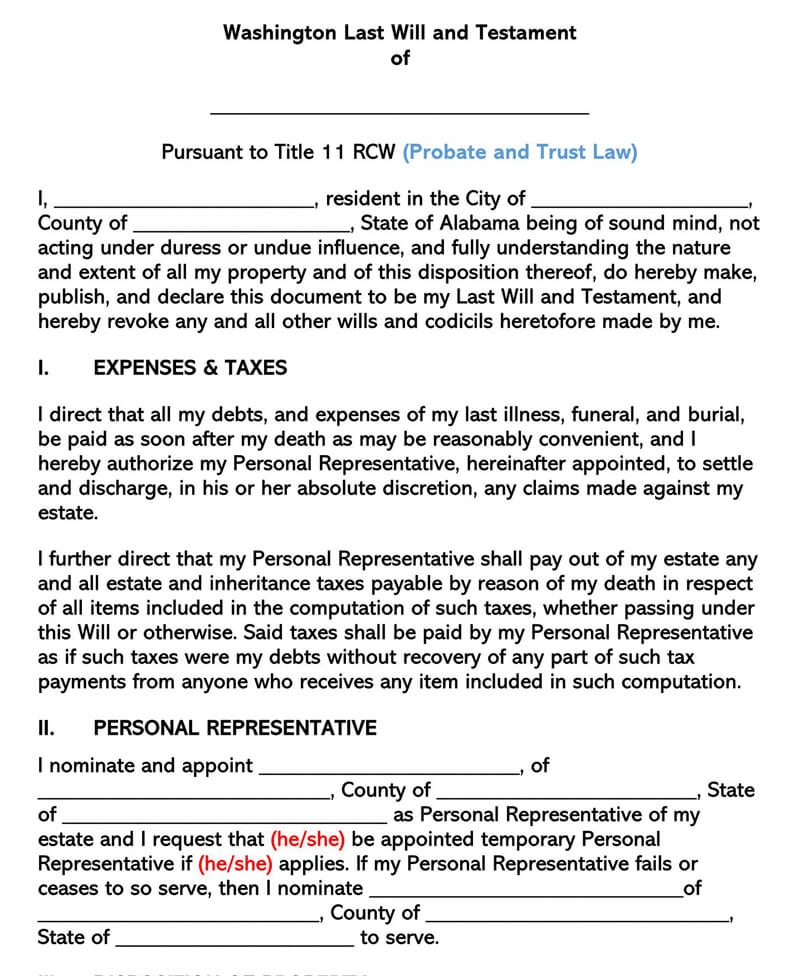 Free Printable Last Will And Testament Washington State