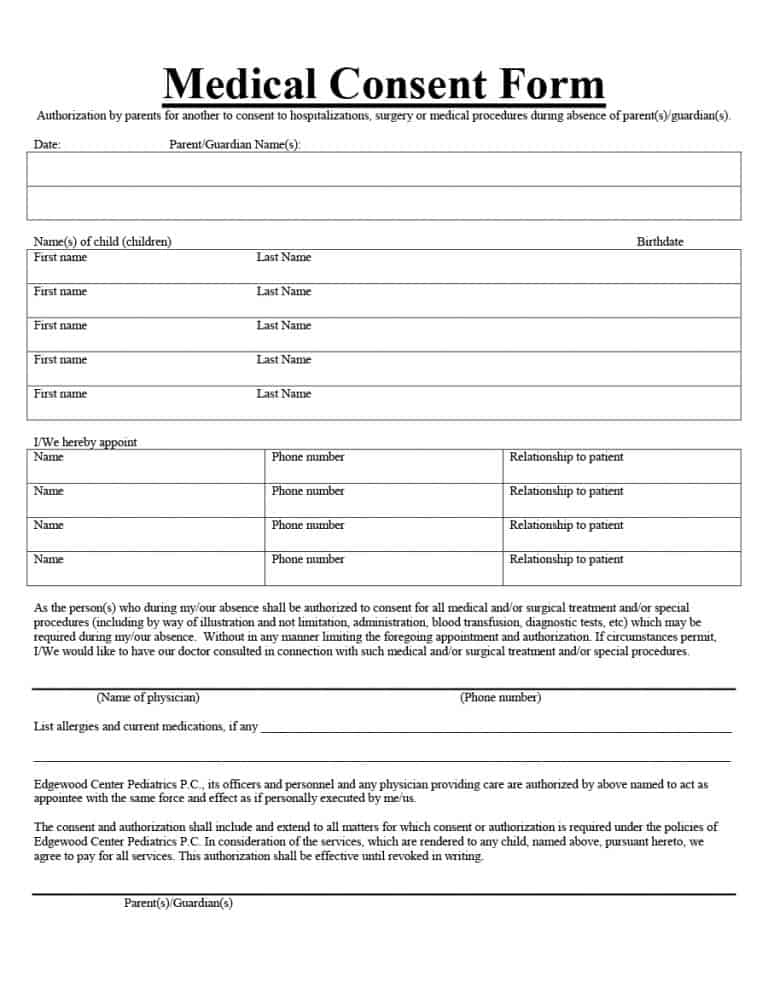 Free Printable Medical Consent Form For Minor Child